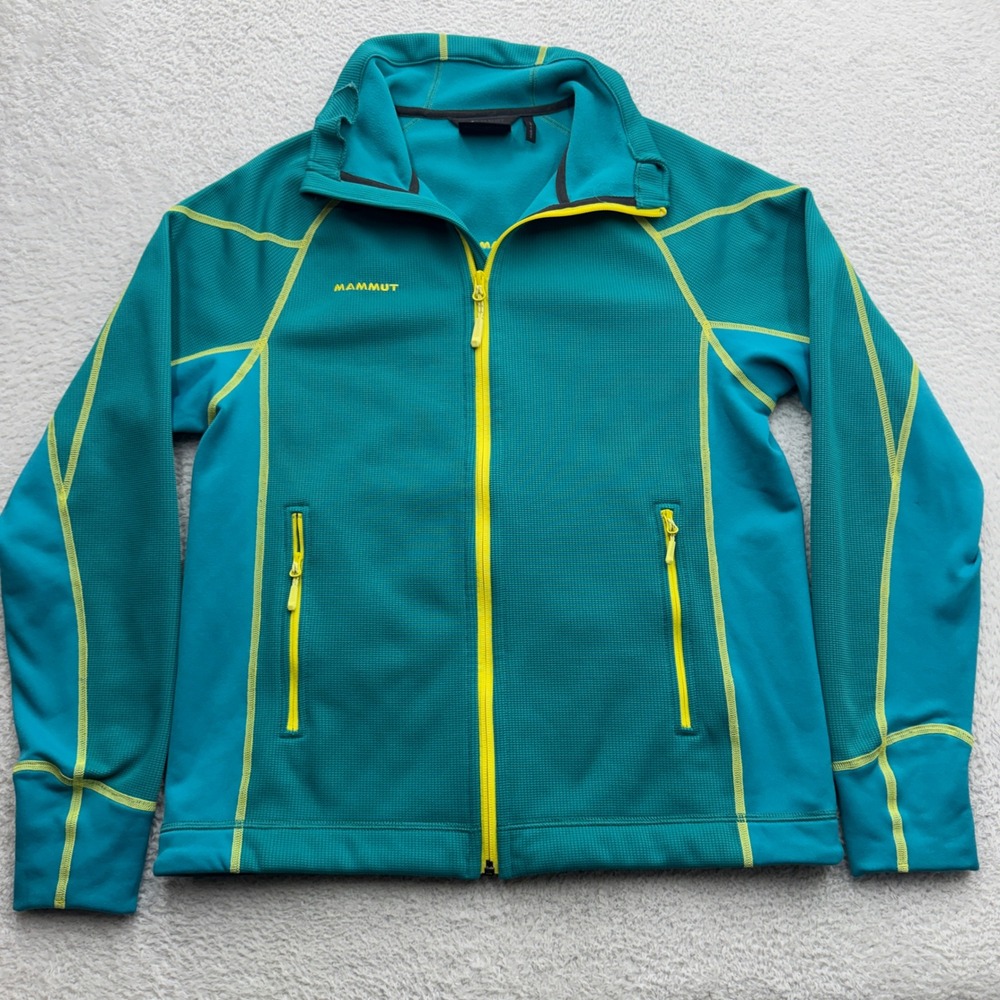 Mammut Womens Teal Lime Green Full Zip Grid Fleece Jacket Size L Hiking Gorpcore